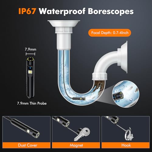 Borescope, Endoscope Camera with Light- 1920P HD Inspection Camera with Light, Dual Lens with 8+1 Adjustable LED Lights, IP67 Waterproof for Android, iPhone, iPad