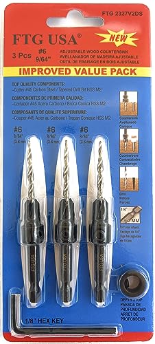 FTG USA 3 Pc #6 (9/64") Countersink Drill Bit Set with Tapered Drill Bits - size: #6, style: Same Sort 3 Pc
