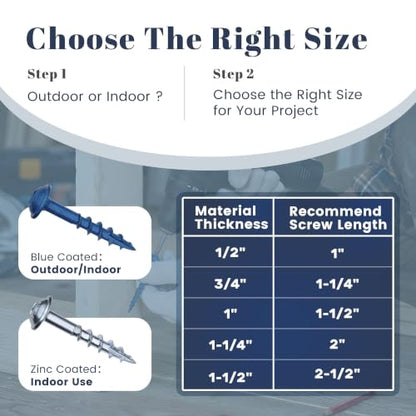 Mellewell #8 x 1-1/4" Blue Coated Pocket Hole Screws, Square Drive Self Tapping Wood Screws, Coarse Thread Anti-Rust Coated Wood Screw, 65MM 150MM Drive Bits Included, Carbon Steel, 300 PCS - color: Blue, size: #8 x 1-1/4"
