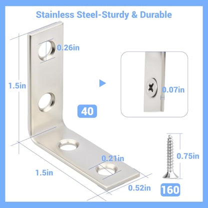 WellMade 1-1/2 " Stainless Steel L Brackets - 40 Pack Corner Braces for Shelves, Furniture, Cabinets - Rustproof & Easy Installation with 160 Screws - size: 1.5 Inch