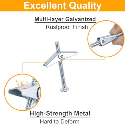 KURUI 1/8 Toggle Bolts for Drywall, 48 Pcs Heavy Duty Metal Drywall Anchors Kit, Dry Wall Anchors and Screws Kit, Butterfly Anchors for Ceiling, Sheetrock, Hollow Wall - size: 1/8"