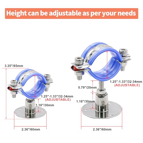 AKIHISA 2 Pcs 304 Stainless Steel Pipe Supports, Wall Mount Ceiling Mount Pipe Hanger, Pipe Holder for OD Pipe 32-34MM Adjustable Height Range 30-50mm - size: 32-34mm, style: Adjustable Height 30-50mm
