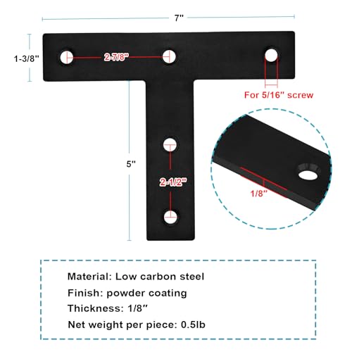 6 Pack T Strap Plate, 7" x 6-3/8" Black Flat Mending Bracket for Wood