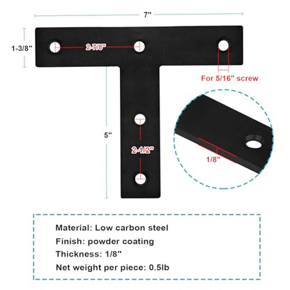 6 Pack T Strap Plate, 7" x 6-3/8" Black Flat Mending Bracket for Wood