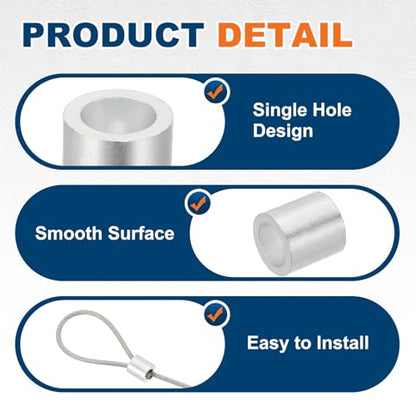 PATIKIL 15/64"(6mm) Aluminum Wire Rope Stop Sleeve Set, 50 Pcs Crimping Loop Sleeve Single Hole Round Cable Ferrule for Wire Rope Cable Line, Silver - size: 15/64" (6mm)