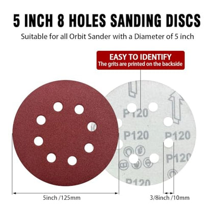 100pcs 5 Inch 8-Hole Sanding Discs Hook and Loop Sandpaper 40 60 80 120 220 320 400 600 Grits Sandpaper Sander Round Sand Paper for Random Orbital Sander - style: 100pcs 40-600 Assort Grit