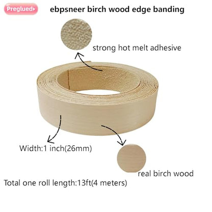 Real Birch Wood Veneer Edge Banding Tape,1 inch×13ft Preglued Iron On Edging Band Roll with Self Hot Melt Adhesive, Prefinished Flexible Edgebanding Strip for Laminate Furniture Cabinet Repair - style: Birch