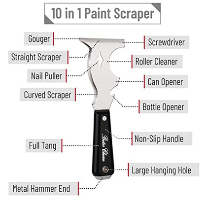 Bates- Paint Scraper, 10 in 1, 2 pcs, Metal Hammer End, Paint Scrapers for Wood, Putty Knife, Metal Scraper, Spackle Knife - color: Black, size: 2 Pack