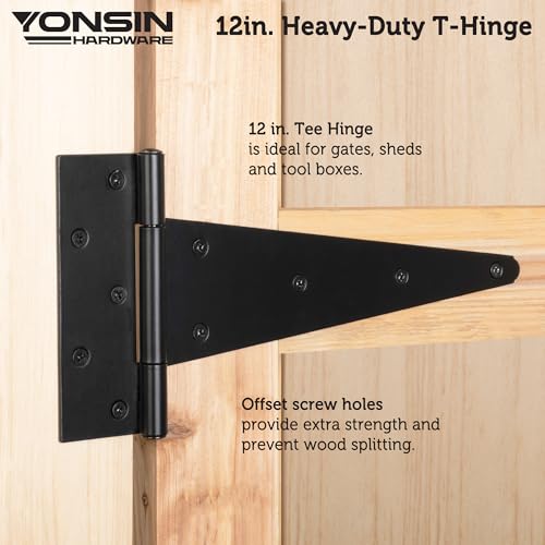 Heavy Duty T-Strap Shed Door Hinges, 12", Black, 2mm Thick - size: 12 Inch