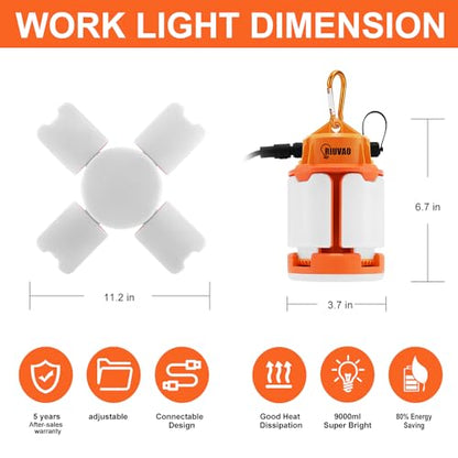 60w LED Temporary Work Light,9000Lm 5000K Super Bright Construction Lights 4 Adjustable Light Panels,Led Work Light IP67 Dust Waterproof with Hook Portable Linkable for Job Site Garage Lighting - size: 60 W