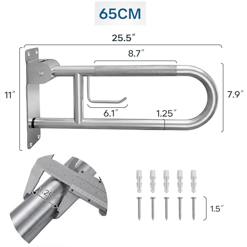 26-Inch Foldable Toilet Grab Bar – 90° Flip-Up Design, Premium 304 Stainless Steel, Anti-Slip Grip with Built-in Paper Holder, Wall-Mounted Handicap Safety Rail, Supports 350–400 lbs - size: 26-Inch