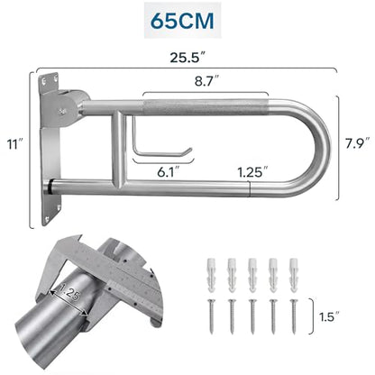 26-Inch Foldable Toilet Grab Bar – 90° Flip-Up Design, Premium 304 Stainless Steel, Anti-Slip Grip with Built-in Paper Holder, Wall-Mounted Handicap Safety Rail, Supports 350–400 lbs - size: 26-Inch