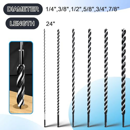 6PCS Auger Drill Bit Hex Shank 24" Long (1/4",3/8",1/2",5/8",3/4",7/8") - size: 1/4",3/8",1/2",5/8",3/4",7/8"(24")
