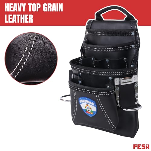 FESA Leather Carpenter Tool Pouch - 10-Pocket Heavy Top Grain Leather Carpenter Pouch with 2 Hammer Loops, Large & Small Pockets - Fits Work Belts up to 3" - Handcrafted - Country-Themed - color: Black - Honduras