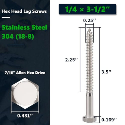 12-Sets 1/4 x 3-1/2" Hex Head Lag Screws & Flat Washers, Heavy Duty Lag Wood Screws, 304 Stainless Steel (18-8), 1/4" Bolt - size: 1/4 x 3-1/2