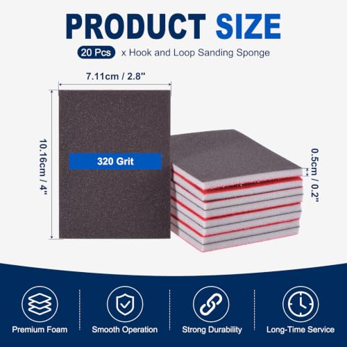 20Pcs 320Grit Sanding Sponges, 4x2.8In Hook & Loop Black - size: 320 Grit