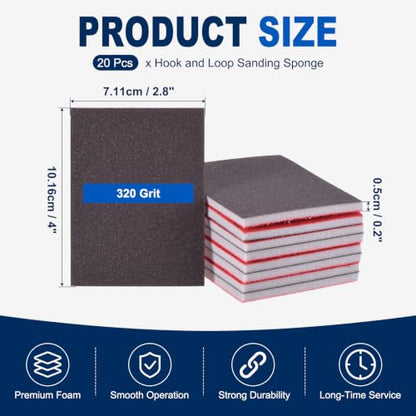 20Pcs 320Grit Sanding Sponges, 4x2.8In Hook & Loop Black - size: 320 Grit