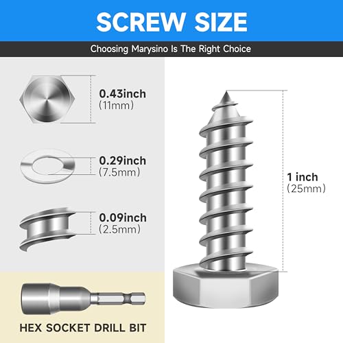 (20-Set) 1/4 x 1 Lag Screws, Stainless Steel Heavy Duty Hex Head Lag Bolts for Wood, Commercial/Industrial Grade 1/4 Bolts, Mounting Screws Bolts Kit, Bright Finish by Marysino - color: Silver, size: 1/4 x 1"