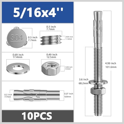 Wensilon 10Pcs 5/16x4 Inch Standard Fasteners for Heavy-Duty 304 Stainless Steel Wedge Anchors for Cement and Concrete - size: 5/16x4"