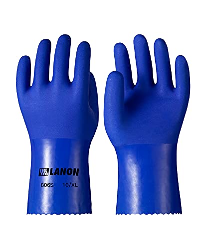LANON 6 Pair PVC Chemical Resistant Gloves,Cotton Liner,Blue,XX-Large - color: Blue (6 Pairs), size: 2X-Large (Pack of 6)