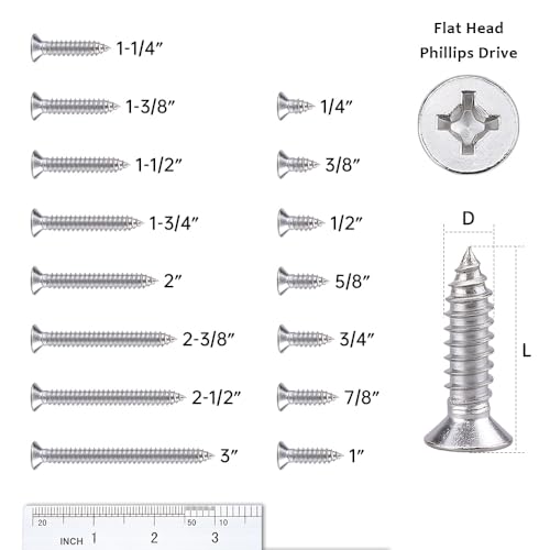 100 Pack #6 x 7/8" Flat Head Phillips Self Tapping Screws, 18-8 Stainless Steel 304, Countersunk Sheet Metal & Wood Screws, Corrosion Resistant Fasteners - size: #6 x 7/8"