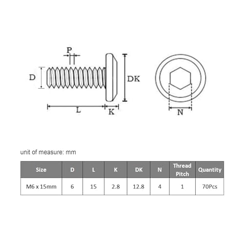 VGBUY M6-1 x 15 mm 70pcs Flat Head Hex Socket Cap Screws Metric M6 Bolts, 304 Stainless Steel 18-8, Black Zinc Plated, Full Thread, with Hex Spanner - size: M6 x 15mm(70pcs)