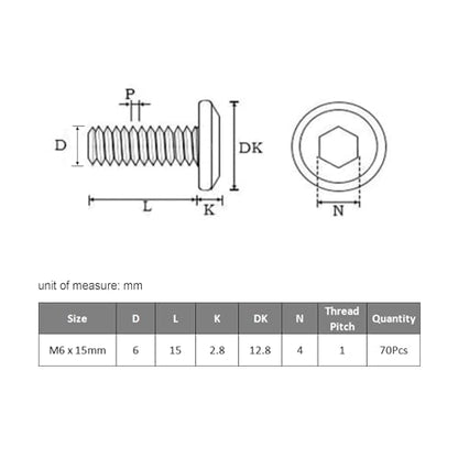 VGBUY M6-1 x 15 mm 70pcs Flat Head Hex Socket Cap Screws Metric M6 Bolts, 304 Stainless Steel 18-8, Black Zinc Plated, Full Thread, with Hex Spanner - size: M6 x 15mm(70pcs)