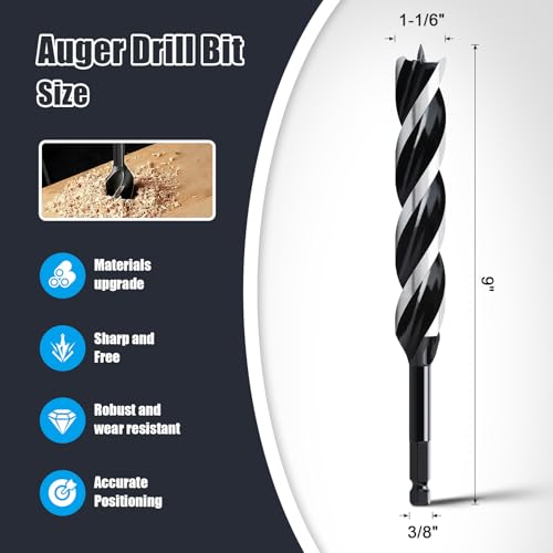 1-1/6" x 9" Auger Drill Bit for Wood,Hex Shank Tri Flute Drill Bit - size: 1-1/6"x9"