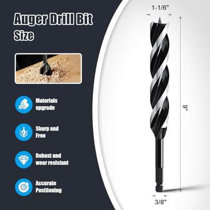 1-1/6" x 9" Auger Drill Bit for Wood,Hex Shank Tri Flute Drill Bit - size: 1-1/6"x9"