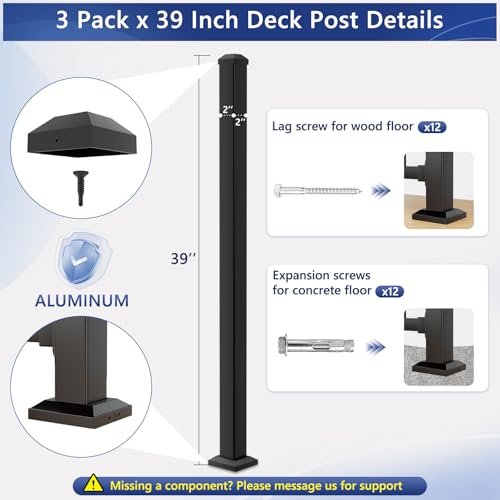 3 Pack 39in x 2in Modular Real Aluminum Deck Railing Post for Deck - color: The Post 39in - 3Pack