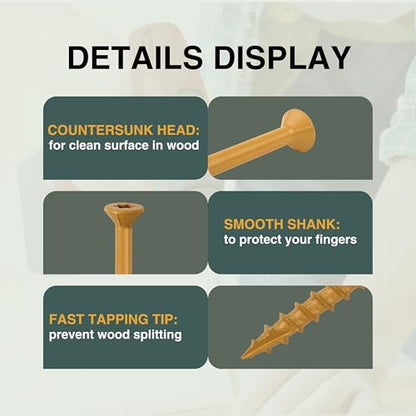 T.K.Excellent Deck Screws 2 Inch Wood Screws #8 x 2, 630 Pcs, Rust Resistant Structural Screws Tan Exterior Fence Screws Torx Drive Screws, Two T20 Bits, Brilliant Yellow Ruspert Coating Rust Proof - size: #8×2