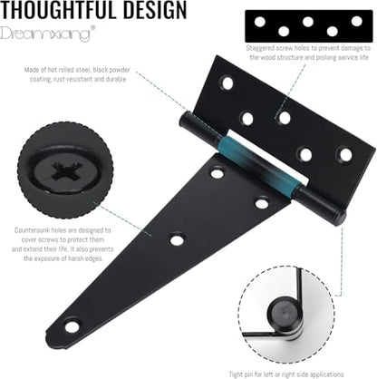 1Set T-Strap Gate Hinge with 7 Screws, Heavy Duty Shed Barn Door Hinges, Black Tee Hinges for Wooden Fence, Yard Gate (6 Inches) - color: 6Inches