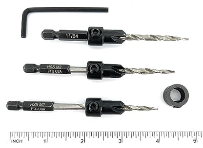 FTG USA #8(11/64") Wood Countersink Drill Bit 3-Pc Set with 3/8" Depth Stop - size: #8, style: 3 Pc with Depth Stop