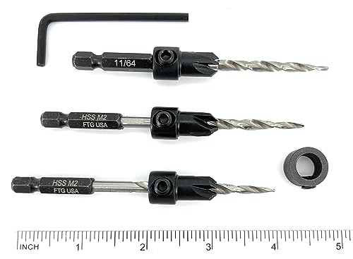 FTG USA 3 Pc #8 (11/64") Countersink Drill Bit Set with Tapered Drill Bits - size: #8, style: Same Sort 3 Pc