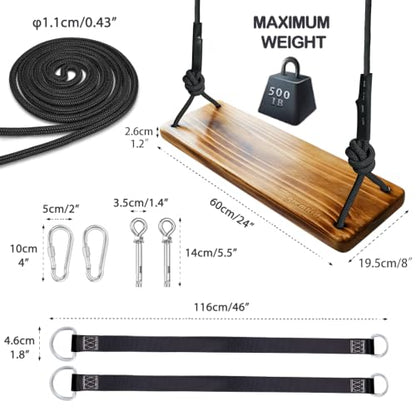 Carbonized Wooden Tree Swing with Adjustable Climbing Rope & Tree Straps - color: Brown