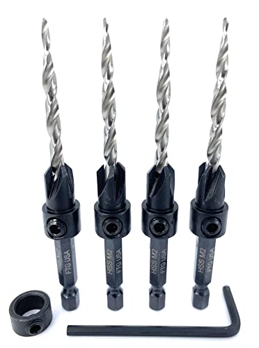 FTG USA 4 Pc #8 (11/64") Tapered Countersink Drill Bit Set with 1 Stop - size: #8, style: Same Sort 4 Pc