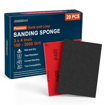 Shinboc 20 PCS Sanding Sponge 400 Grit, Hook and Loop Sandpaper Block - style: 400 Grit