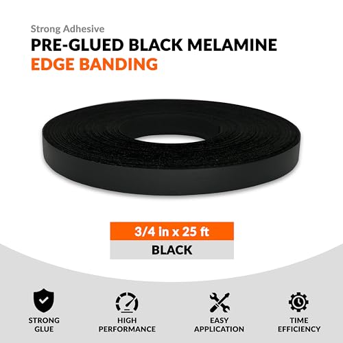 Black Edge Banding 3/4 inch x 25 ft Melamine Iron On Adhesive Edging Cabinet Repair Laminate Shelf Board Countertop Furniture Strip Wood Veneer Tape Trim Peel Stick Cabinet Molding Vinyl PVC Iron - color: Black, size: 3/4 in x 25 ft