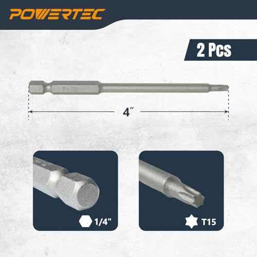 POWERTEC 4 in. T15 Torx Driver Bit (2 Pack) - S2 Alloy Steel Decking Bits with Depth Stop, 1/4" Hex Shank for Drills & Impact Drivers, Compatible with Edge Deck Jigs (72187) - color: T15 Torx Driver Bit (4")