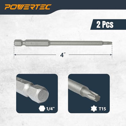 POWERTEC 4 in. T15 Torx Driver Bit (2 Pack) - S2 Alloy Steel Decking Bits with Depth Stop, 1/4" Hex Shank for Drills & Impact Drivers, Compatible with Edge Deck Jigs (72187) - color: T15 Torx Driver Bit (4")
