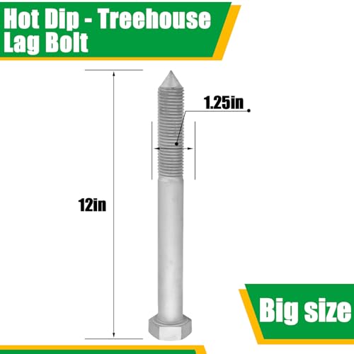 1 Pc Treehouse Lag Bolt Hot Dip Galvanized Hex Head Lag Screws for Treehouse Brackets Hardware Deck Construction Wood Framing Heavy Duty (1.25 x 12 Inch) - size: 1.25 x 12 inch