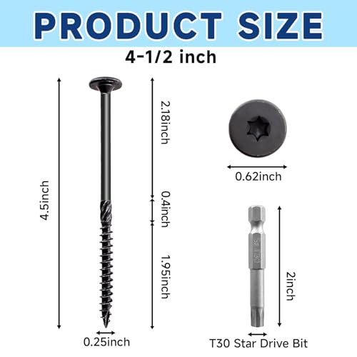 50Pcs Lag Screws #14 x 4-1/2 Structural Wood Screw Heavy Duty Construction Screw Star Drive Rust Resistant Washer Head Black Coated for Exterior Wood/Lag/Timber Screws with T30 Star Bit - size: 4-1/2 Inch