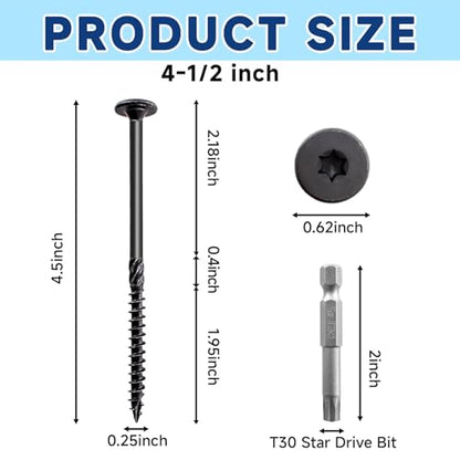 50Pcs Lag Screws #14 x 4-1/2 Structural Wood Screw Heavy Duty Construction Screw Star Drive Rust Resistant Washer Head Black Coated for Exterior Wood/Lag/Timber Screws with T30 Star Bit - size: 4-1/2 Inch