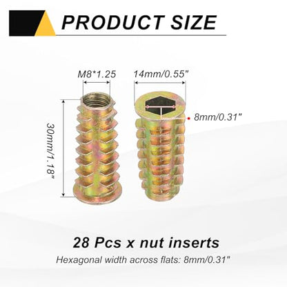 MECCANIXITY 28 Pcs Threaded Inserts for Wood, Zinc Alloy M8 Thread Inserts Nuts Hex Socket Drive Screw 30mm Length for Furniture, Cabinet, Tables and Chairs - size: M8x30mm