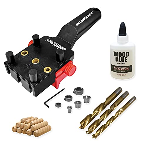 Milescraft 1333 DowelJig Kit - Self-Centering Handheld Dowel Jig with 3 Metal Bushing Sizes (1/4in, 5/16in, 3/8in) - Complete with all Accessories