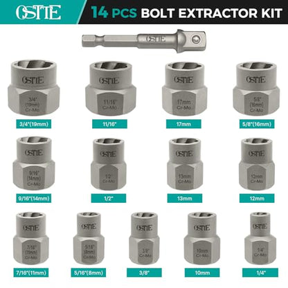 14Pcs Impact Bolt & Nut Extractor Kit, 3/8" Drive - size: 13+1 Piece