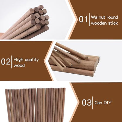 10 PCS Wooden Dowel Rods for Crafts Round Unfinished Walnut Dowel Rod Sticks Hardwood Sticks for DIY Crafting Woodworking and Building Model Material, (3/8 x 12 Inch)