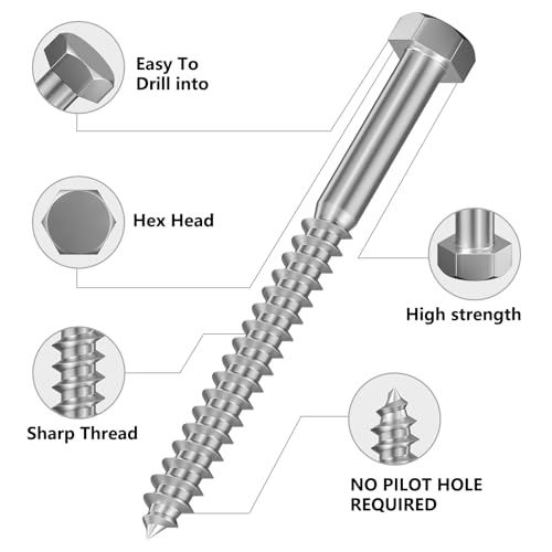 Wensilon Lag Screws Wood Screws (20PCS, 3/8"x4", Silver) Hex Head Lag Bolts,(10x100) Heavy Duty Lag Screws,304 Stainless Steel Bolts 18-8 - color: Silver, size: 3/8"x4"