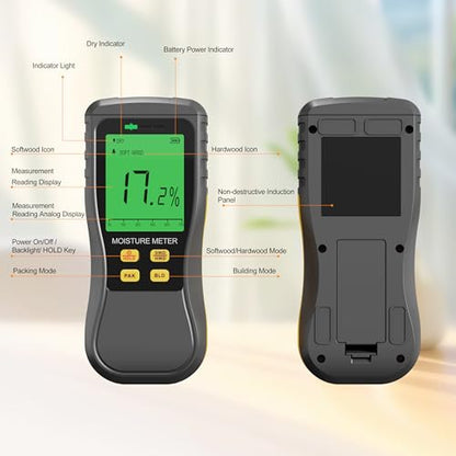 Pinless Moisture Meter, Digital Wood Moisture Tester, Non-Destructive Induction Moisture Detector for Drywall, Lumber, Building Materials, Easy Read and Three Color Indicate