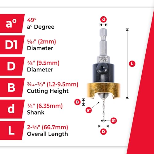 Amana Tool 82 Degree Countersink with Tapered Drill Bit and Adjustable Depth Stop, 55156, 3/8 D x 5/64 Drill D x 1/4 Inch Quick Release Hex Shank - size: 3/8 x 5/64 x 1/4